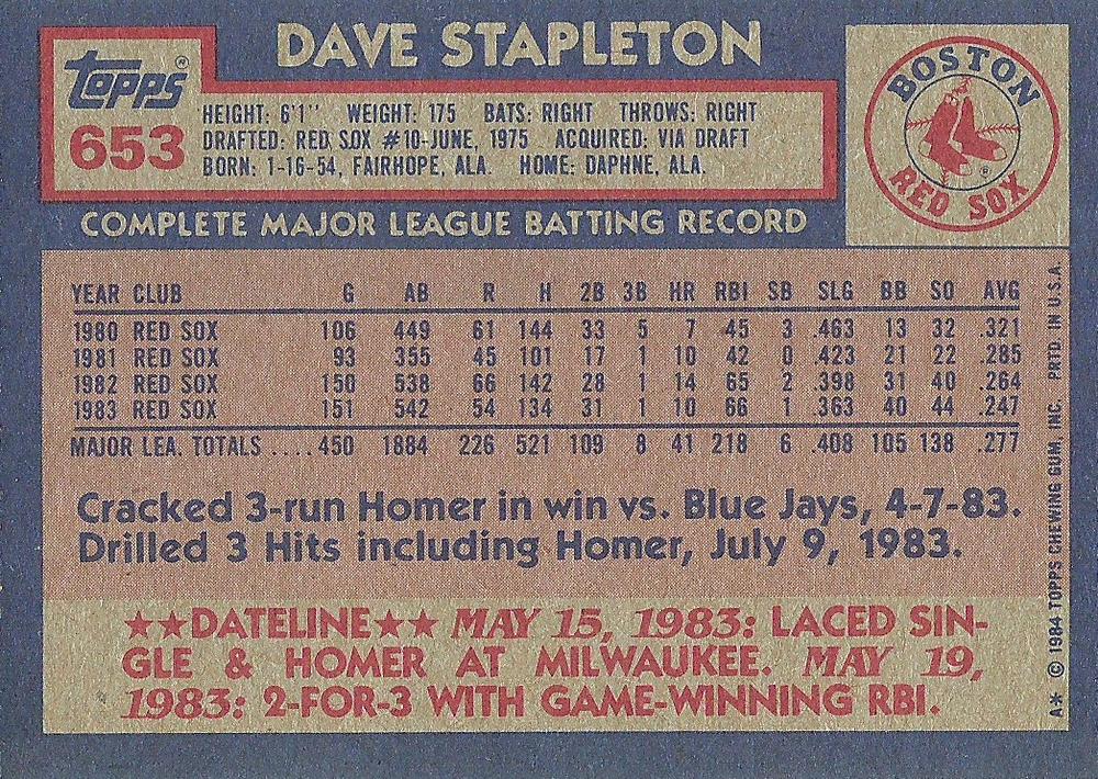 Dave Stapleton  baseball card collectible - Main Image 2