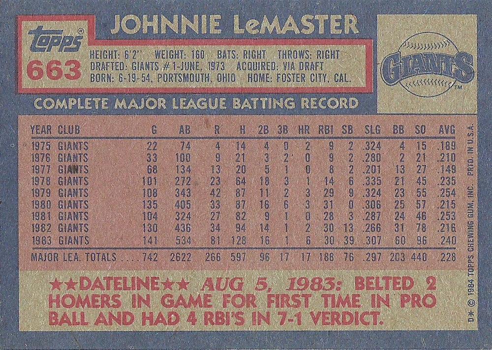 Johnnie LeMaster  baseball card collectible - Main Image 2