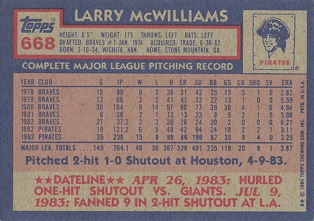 Larry McWilliams  baseball card collectible - Main Image 2