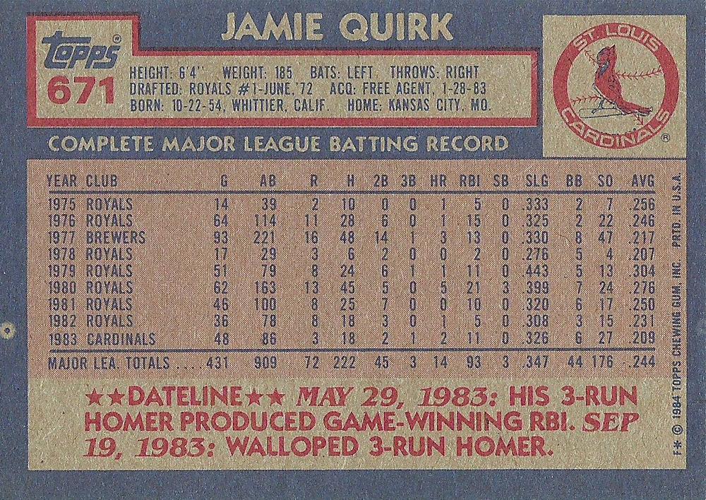 Jamie Quirk  baseball card collectible - Main Image 2
