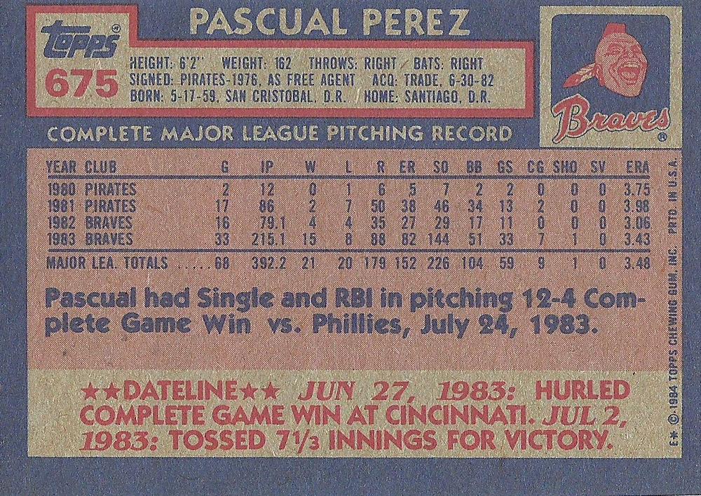 Pascual Perez  baseball card collectible - Main Image 2