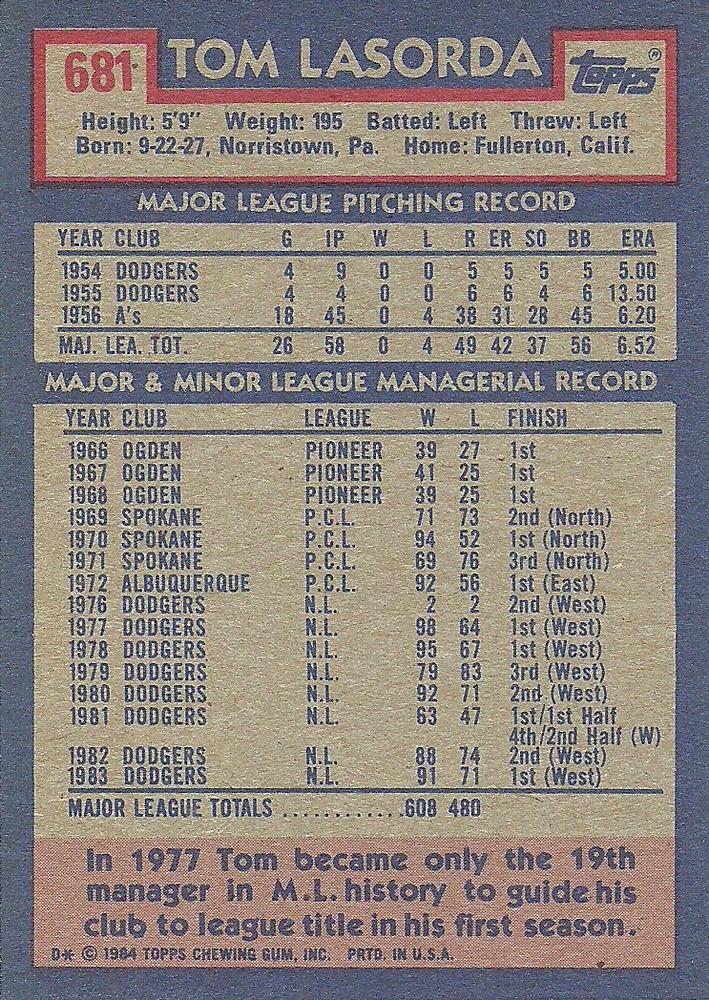 Tom Lasorda  baseball card collectible - Main Image 2