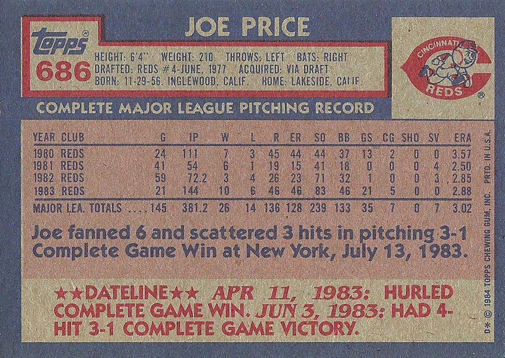 Joe Price  baseball card collectible - Main Image 2