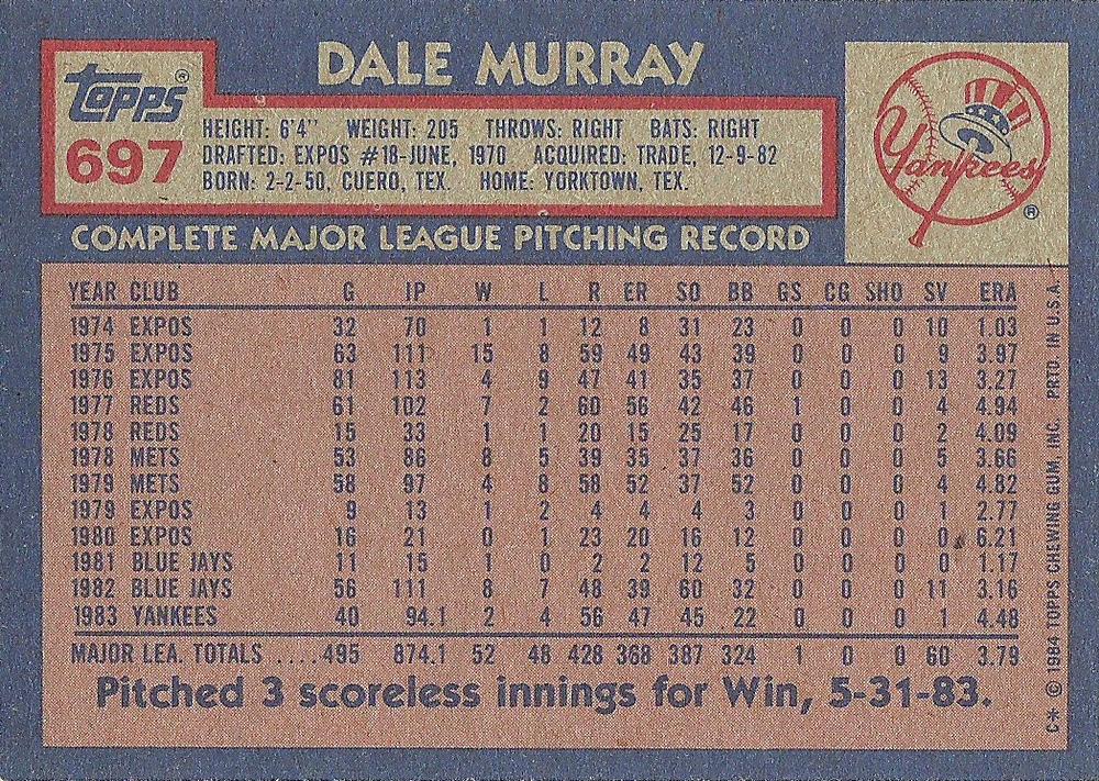 Dale Murray  baseball card collectible - Main Image 2