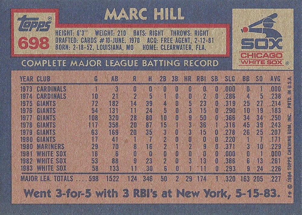 Marc Hill  baseball card collectible - Main Image 2