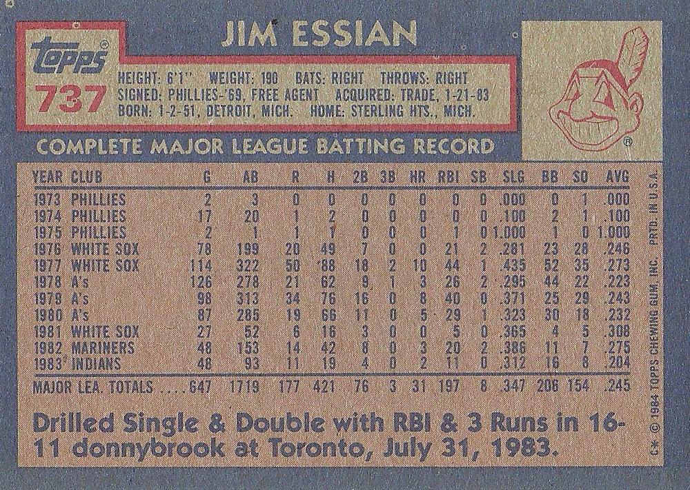 Jim Essian  baseball card collectible - Main Image 2