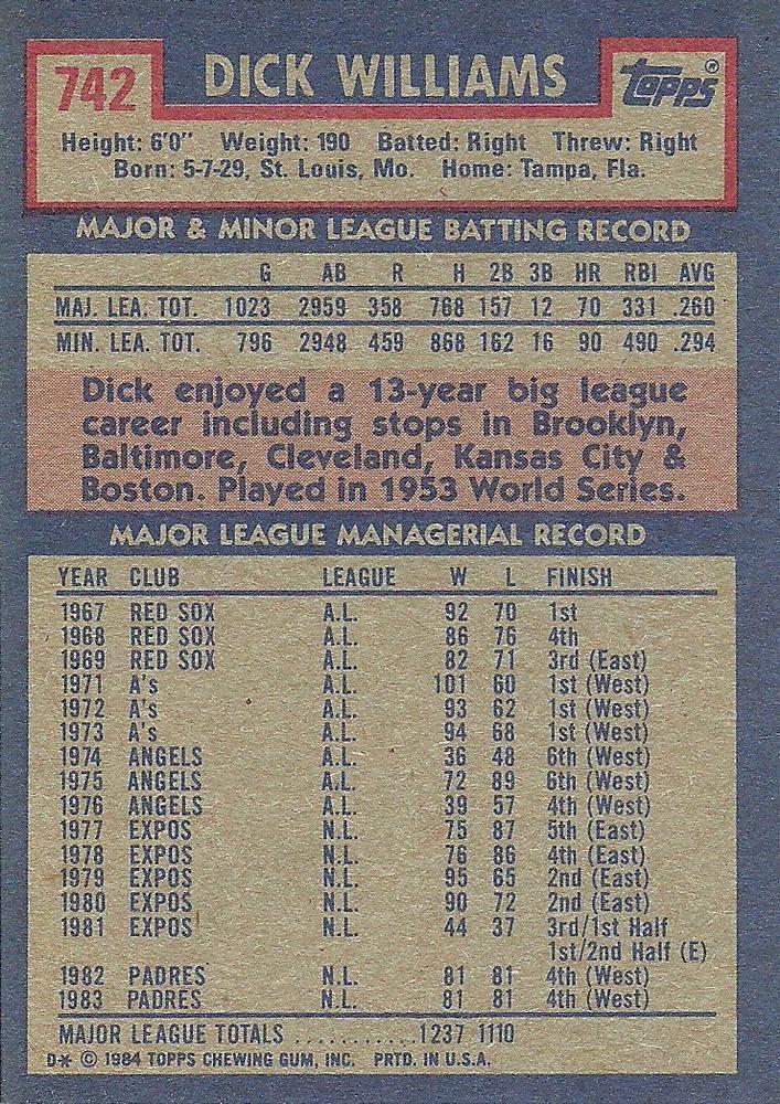 Dick Williams  baseball card collectible - Main Image 2