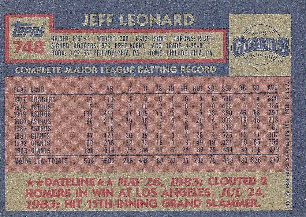 Jeff Leonard  baseball card collectible - Main Image 2