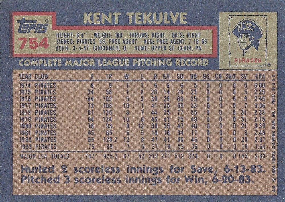Kent Tekulve  baseball card collectible - Main Image 2