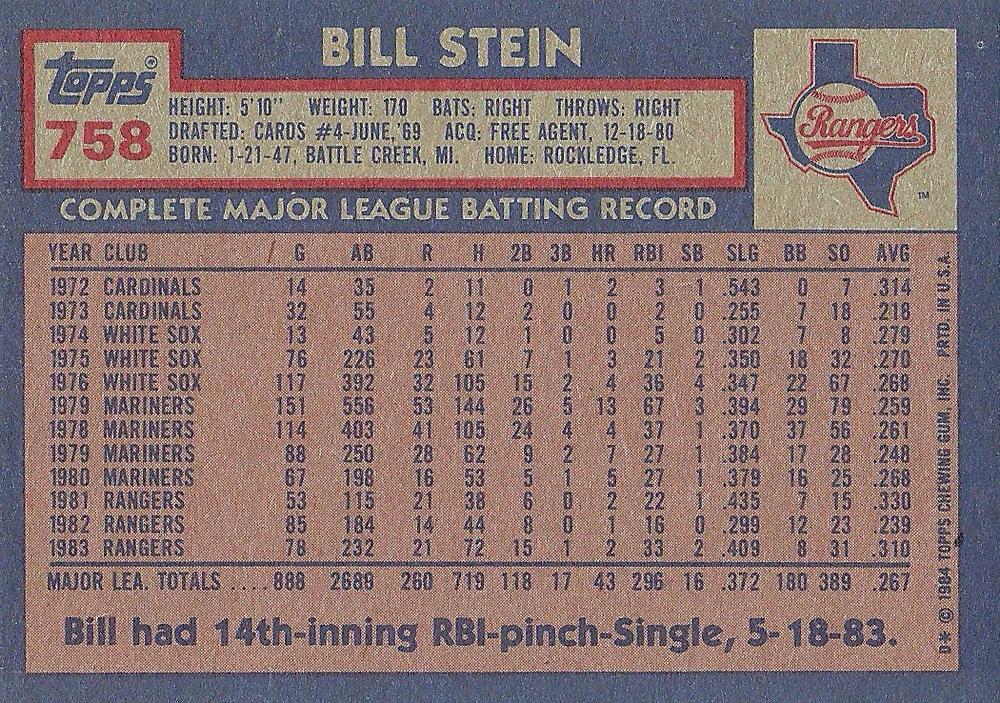 Bill Stein  baseball card collectible - Main Image 2