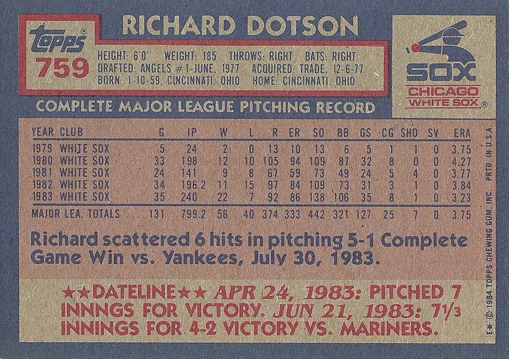 Richard Dotson  baseball card collectible - Main Image 2