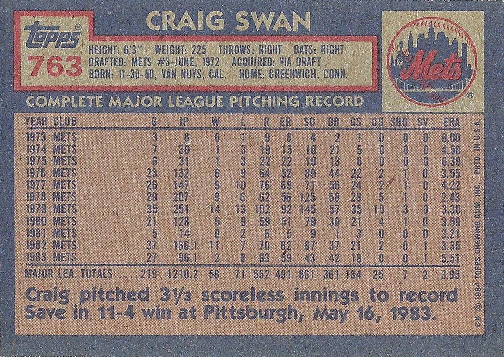 Craig Swan  baseball card collectible - Main Image 2