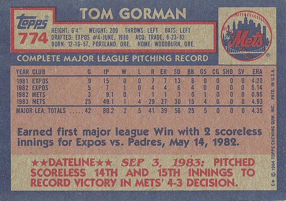 Tom Gorman  baseball card collectible - Main Image 2