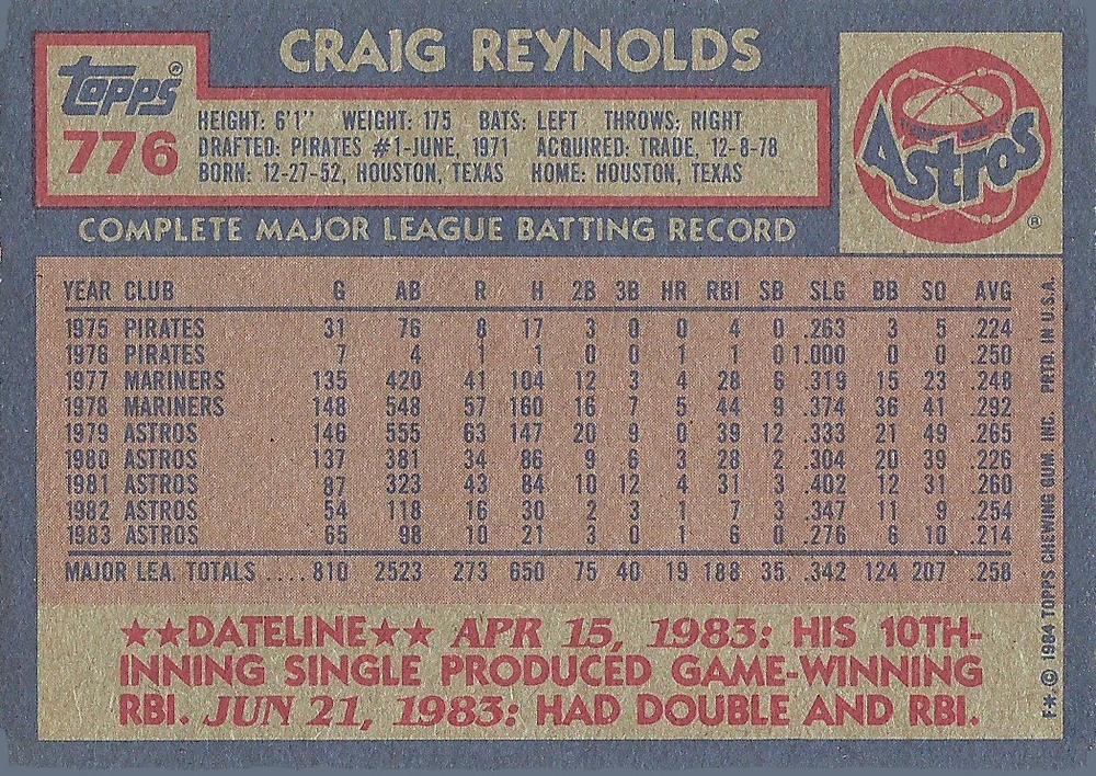 Craig Reynolds  baseball card collectible - Main Image 2