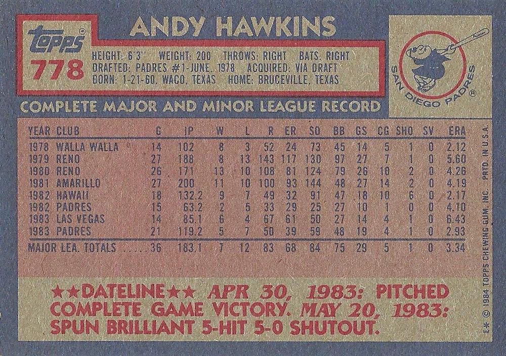 Andy Hawkins  baseball card collectible - Main Image 2