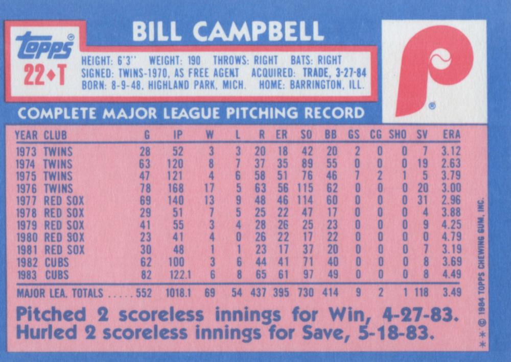 Bill Campbell  baseball card collectible - Main Image 2