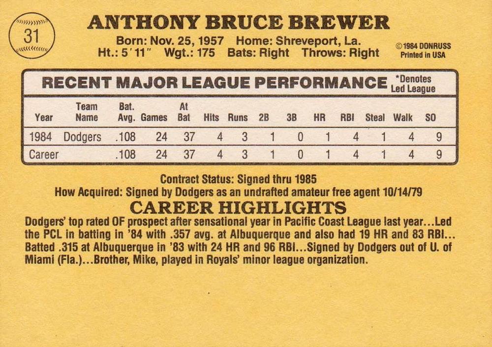 Tony Brewer  baseball card collectible - Main Image 2