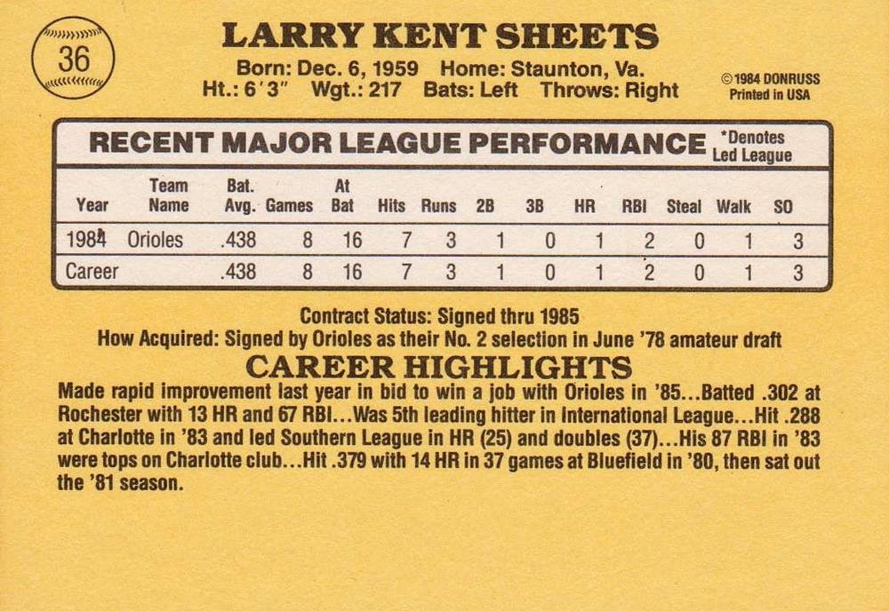 Larry Sheets  baseball card collectible - Main Image 2