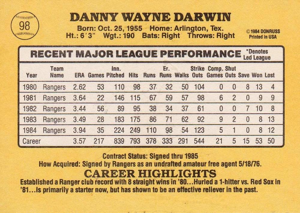 Danny Darwin  baseball card collectible - Main Image 2
