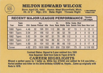Milt Wilcox  baseball card collectible - Main Image 2