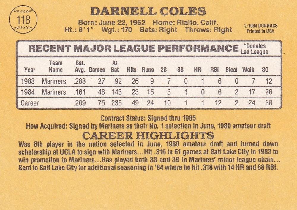 Darnell Coles  baseball card collectible - Main Image 2