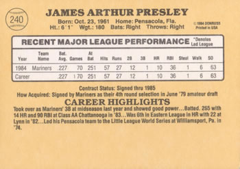 Jim Presley  baseball card collectible - Main Image 2