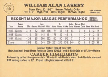 Bill Laskey  baseball card collectible - Main Image 2