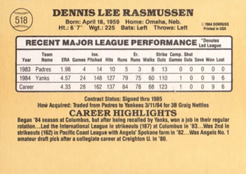 Dennis Rasmussen  baseball card collectible - Main Image 2