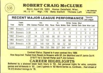 Bob McClure  baseball card collectible - Main Image 2