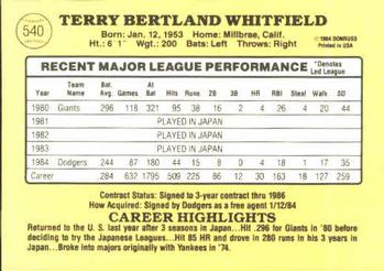 Terry Whitfield  baseball card collectible - Main Image 2