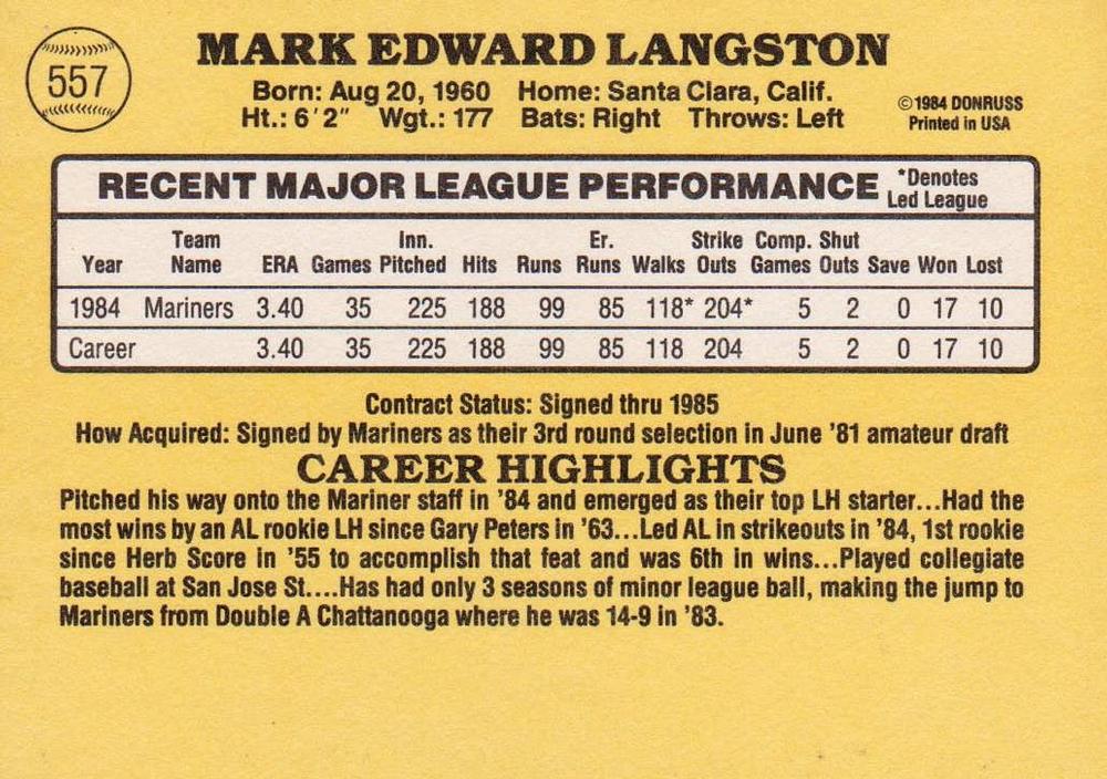 Mark Langston  baseball card collectible - Main Image 2