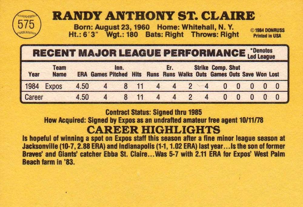 Randy St. Claire  baseball card collectible - Main Image 2