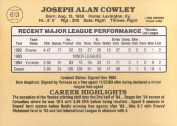 Joe Cowley  baseball card collectible - Main Image 2