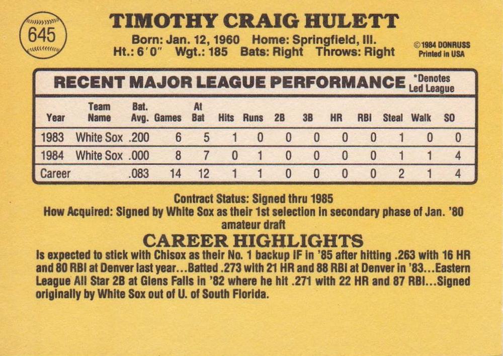 Tim Hulett  baseball card collectible - Main Image 2