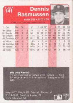 Dennis Rasmussen  baseball card collectible - Main Image 2