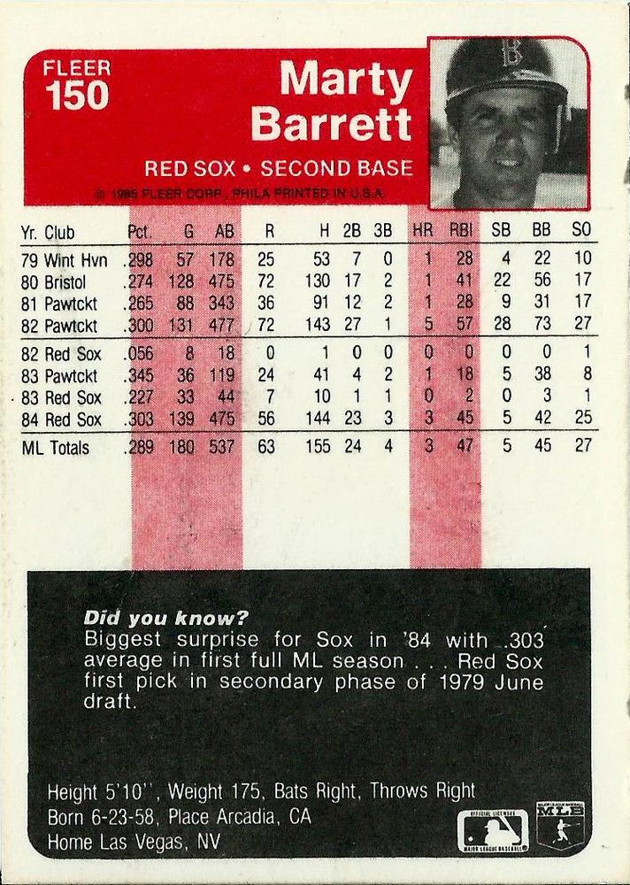 Marty Barrett  baseball card collectible - Main Image 2