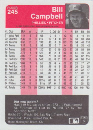 Bill Campbell  baseball card collectible - Main Image 2