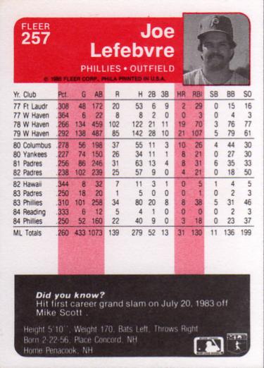 Joe Lefebvre  baseball card collectible - Main Image 2