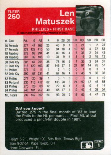 Len Matuszek  baseball card collectible - Main Image 2