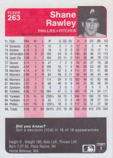 Shane Rawley  baseball card collectible - Main Image 2