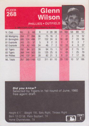 Glenn Wilson  baseball card collectible - Main Image 2