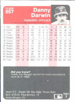 Danny Darwin  baseball card collectible - Main Image 2