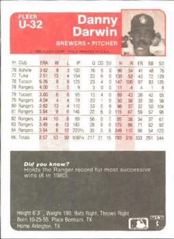 Danny Darwin  baseball card collectible - Main Image 2