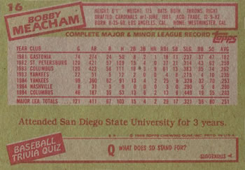 Bobby Meacham  baseball card collectible - Main Image 2
