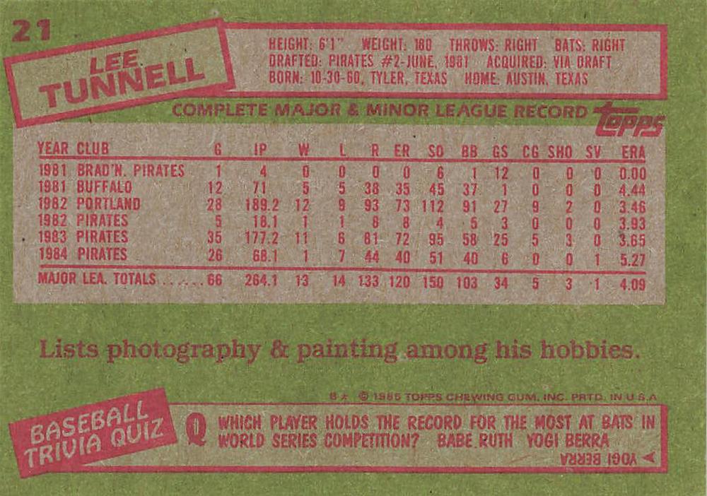 Lee Tunnell  baseball card collectible - Main Image 2