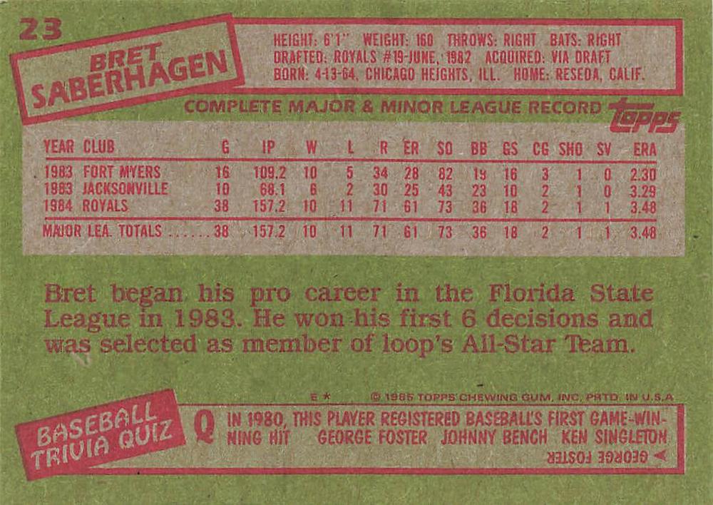 Bret Saberhagen  baseball card collectible - Main Image 2