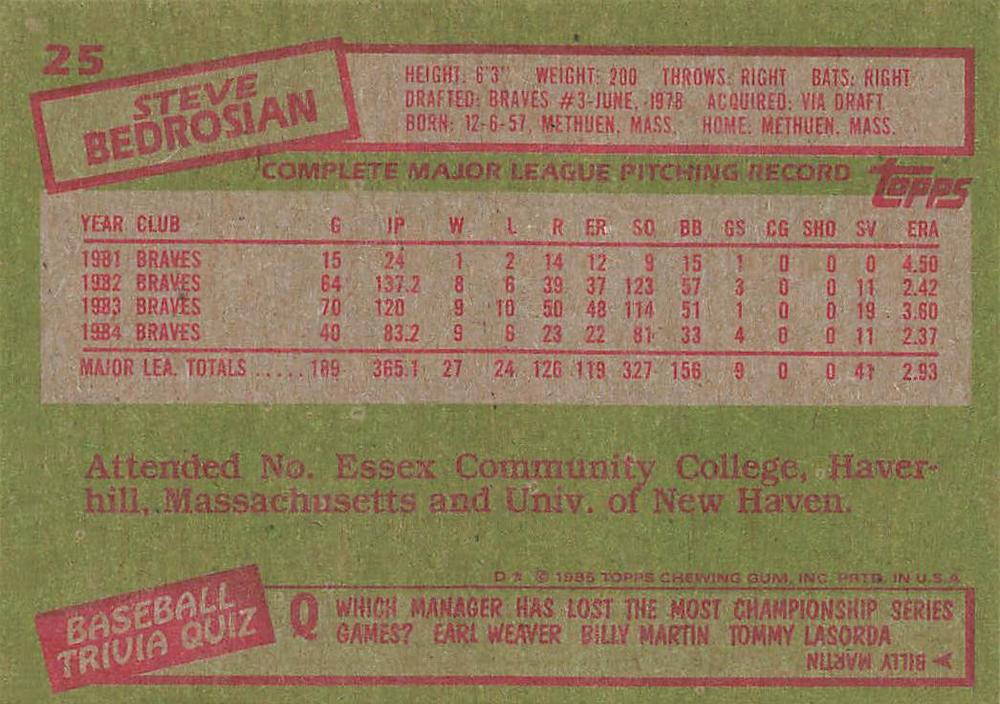 Steve Bedrosian  baseball card collectible - Main Image 2