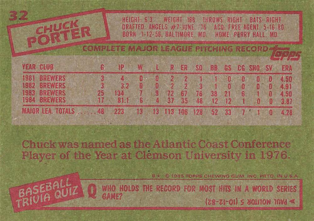 Chuck Porter  baseball card collectible - Main Image 2