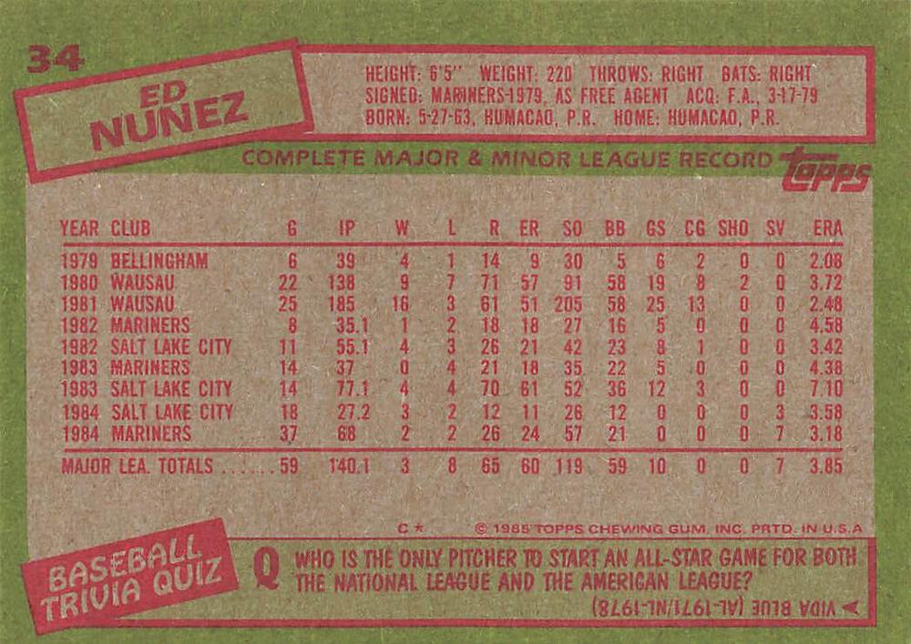 Ed Nunez  baseball card collectible - Main Image 2