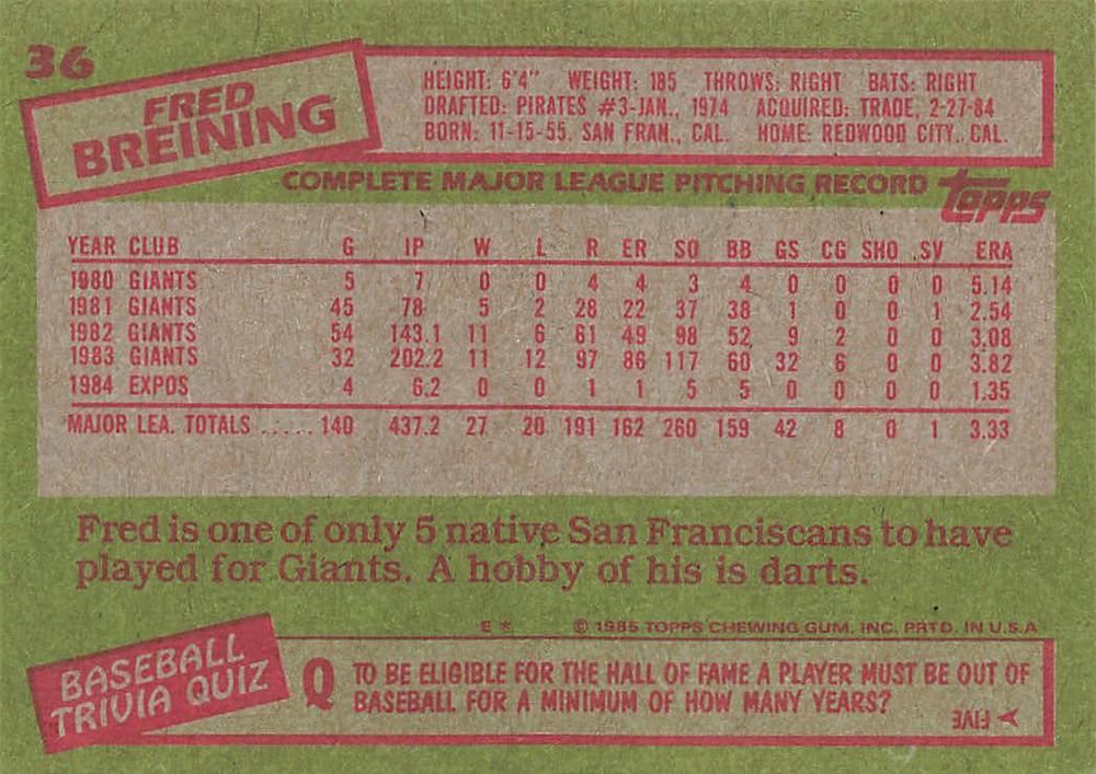 Fred Breining  baseball card collectible - Main Image 2